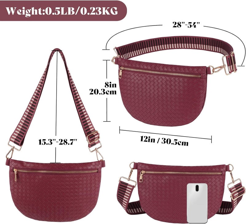 Dealkion Woven Crossbody Bags for Women Leather Belt Bum Sling Purse Fanny Waist Pack Chest Shoulder Bag for Women-Burgundy - Image 5